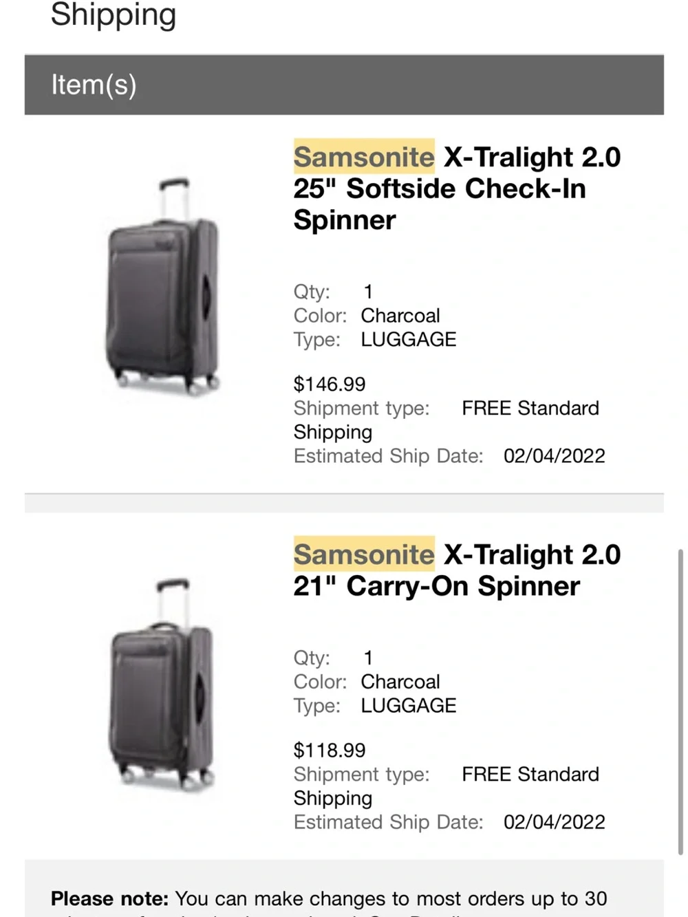 SET OF 2 Samsonite Xtralite 2.0 Spinner Luggage (21” Carry on + 25” Checked)